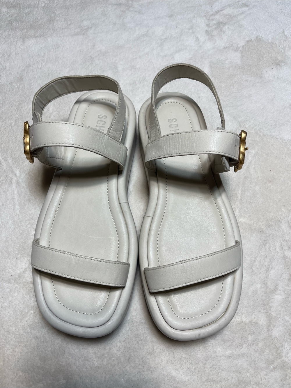 SCHUTZ White Leather Double-Strap Slingback Platform Sandals with Gold Buckle
